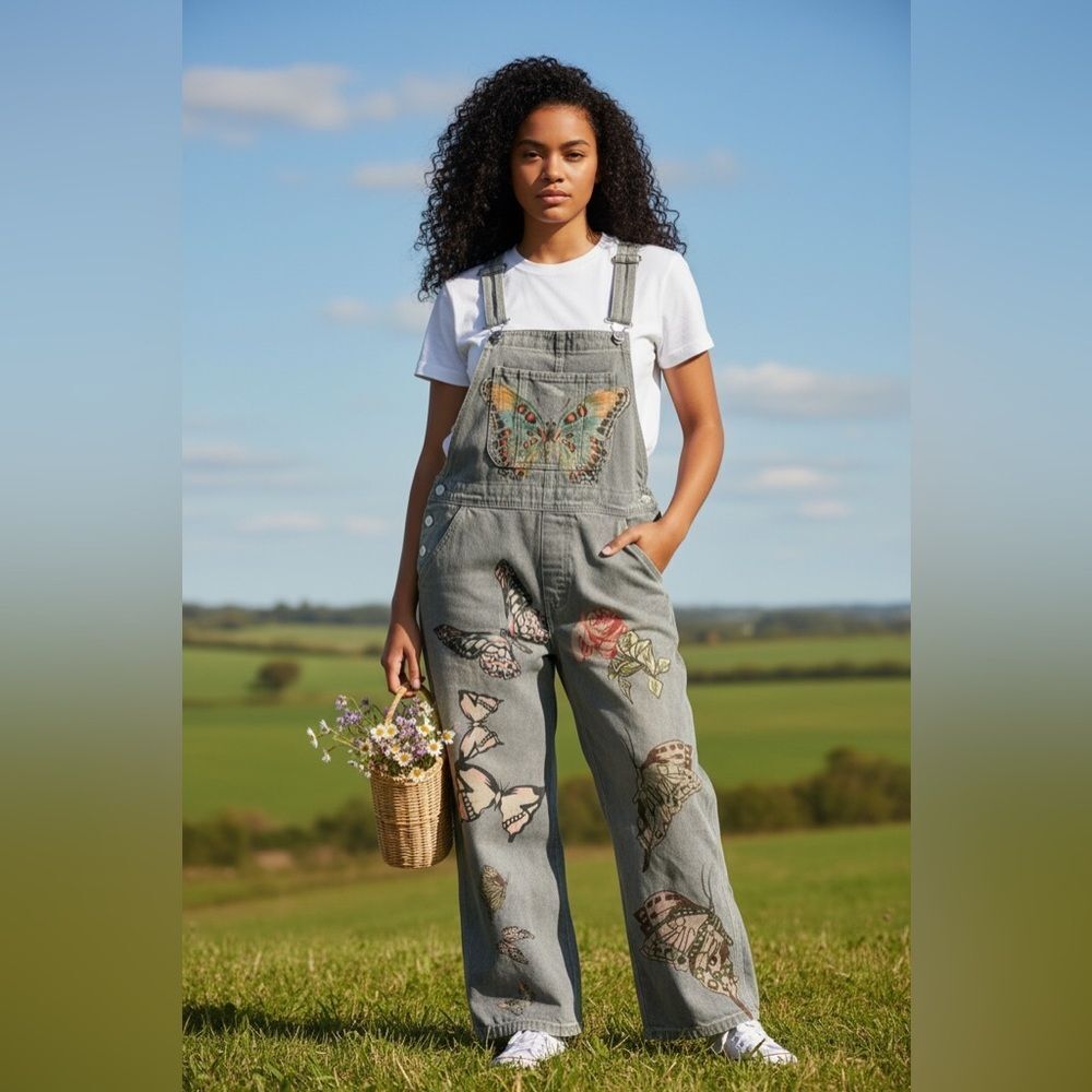 “Hand Crafted Cotton Denim Overalls S Distressed Wide Leg Cropped”)